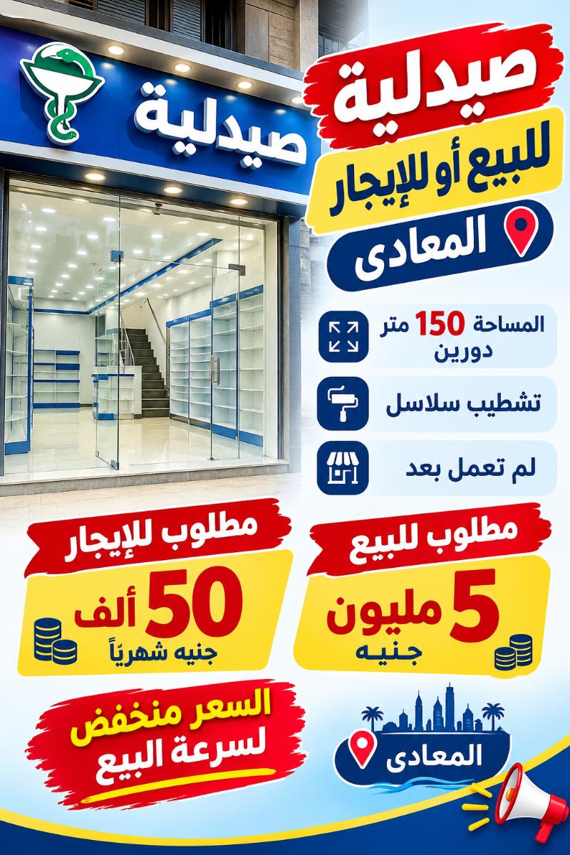صيدليه للايجار او البيع المعادى
